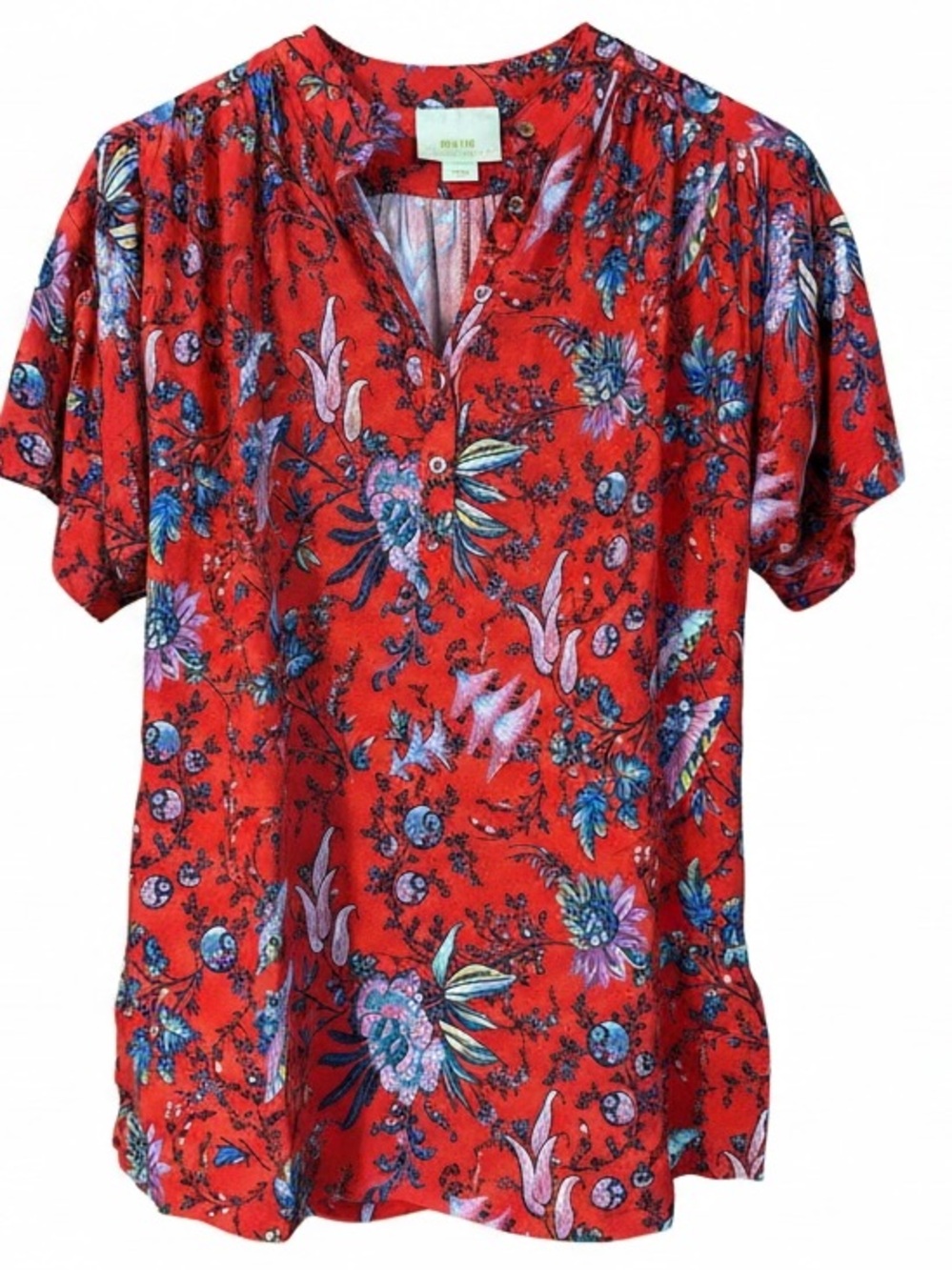 Maeve by Anthropologie Red Floral Short-Sleeve V-Neck Blouse Cottagecore Garden